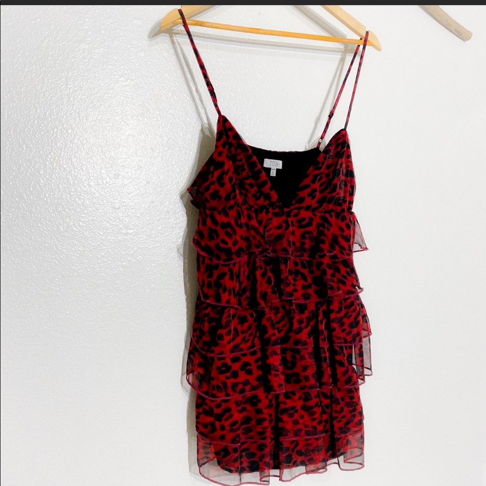 TOBI TOMMY RED RUFFLE LEOPARD DRESS SZ M - Picture 8 of 14